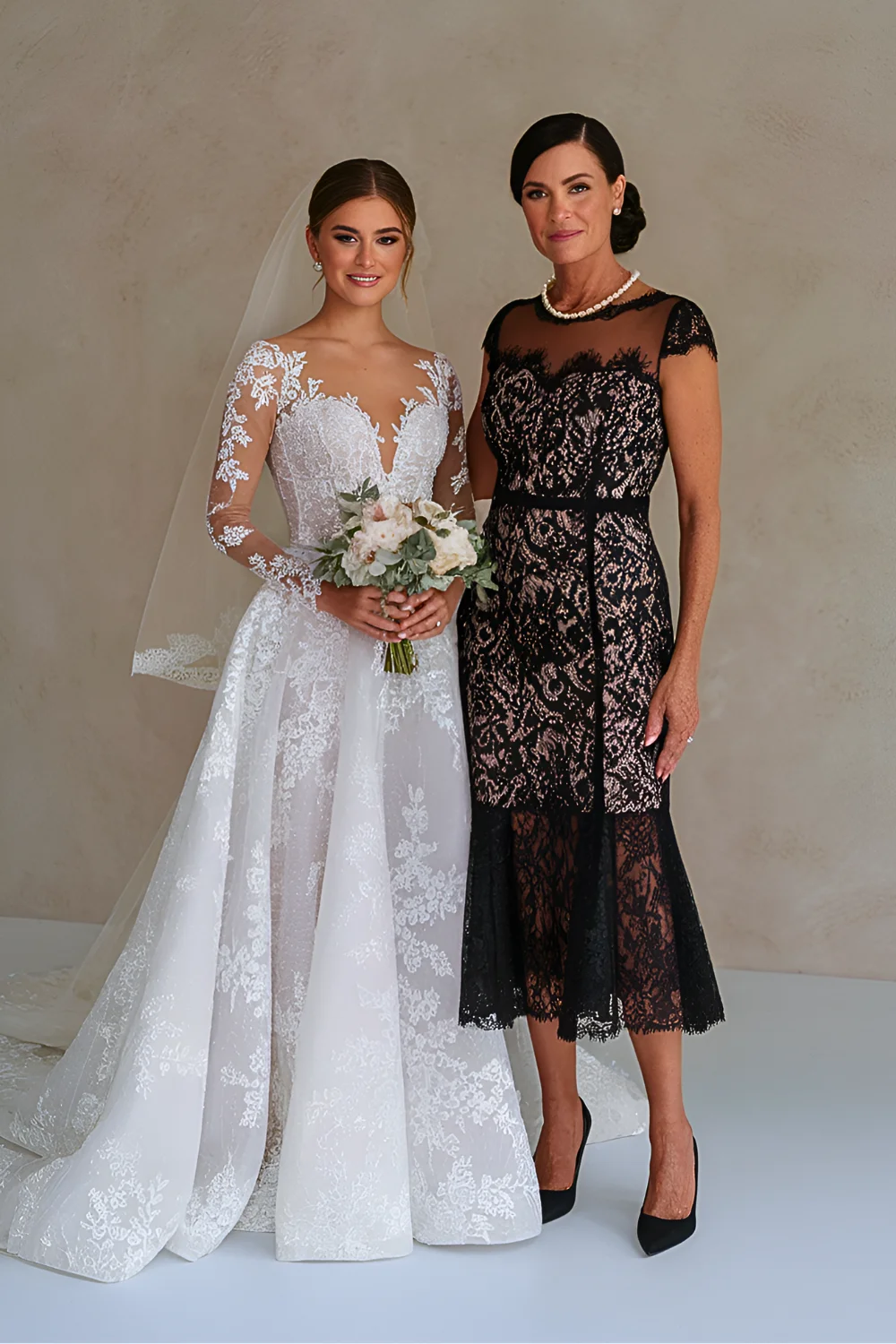 Chic Black Lace Fit and Flare Mother of the Bride Dress with Illusion Neckline