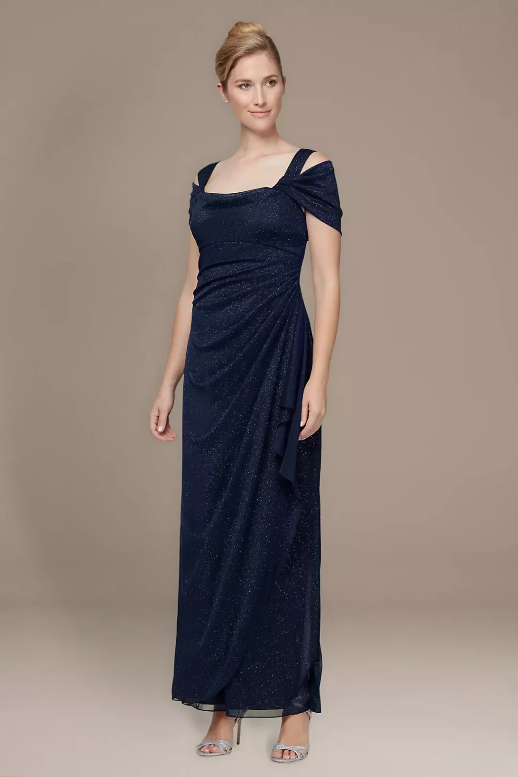 Dark Navy Glitter Mesh Cowl Off the Shoulder A Line Dress 1024x1536 1