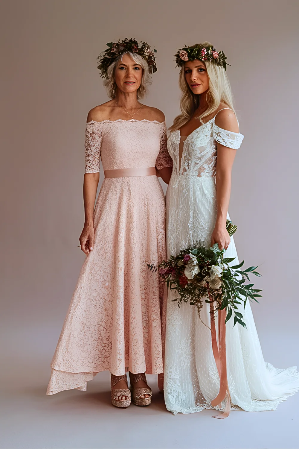 Modern Boho Blush Off the Shoulder Lace A Line Mother of the Bride Dress