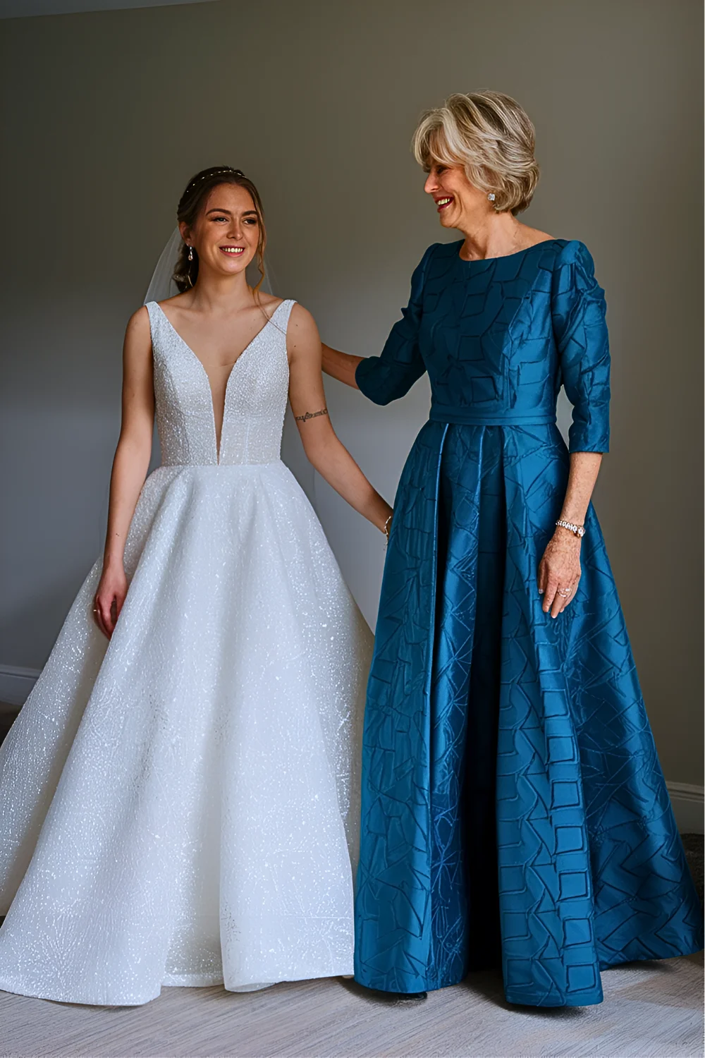 Modern Geometric Printed Teal Jacquard Fit and Flare Mother of the Bride Dress
