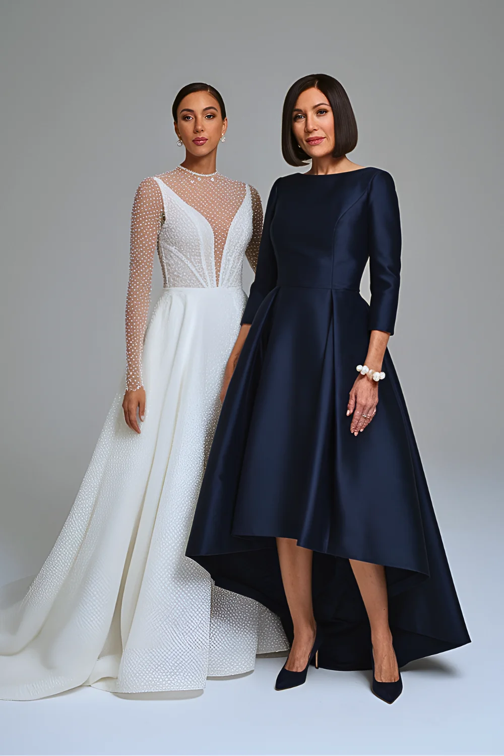 Modern Minimalist Navy Mikado High Low Mother of the Bride Dress with Pockets