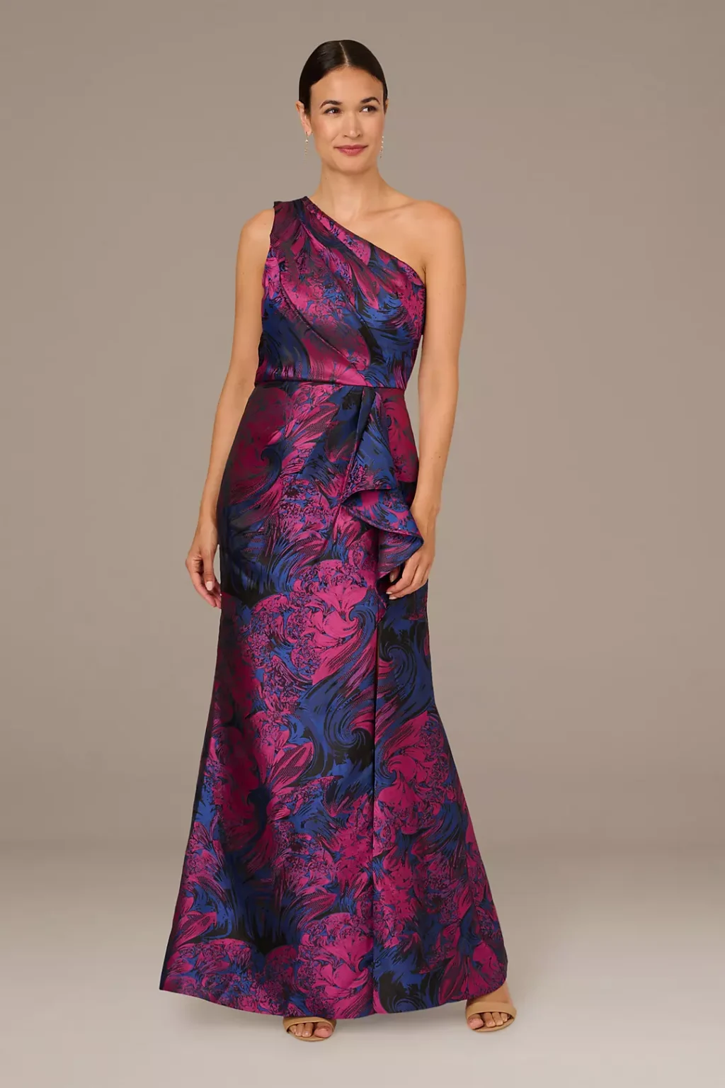 Navy Multi Color One Shoulder Ruffled Jacquard Sheath Dress 1024x1536 1